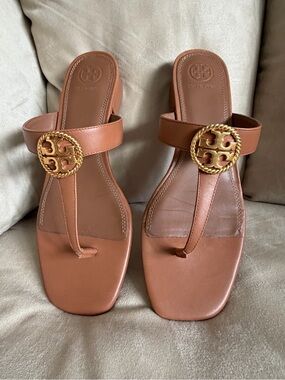 Tory Burch Braided Benton Tan Leather Thong Sandals with Gold Logo